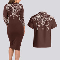 Cowboys Wild West Couples Matching Long Sleeve Bodycon Dress and Hawaiian Shirt Dark Brown Cow Prints - Wonder Print Shop