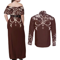 Cowboys Wild West Couples Matching Off Shoulder Maxi Dress and Long Sleeve Button Shirt Dark Brown Cow Prints - Wonder Print Shop