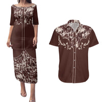 Cowboys Wild West Couples Matching Puletasi and Hawaiian Shirt Dark Brown Cow Prints - Wonder Print Shop