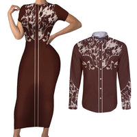 Cowboys Wild West Couples Matching Short Sleeve Bodycon Dress and Long Sleeve Button Shirt Dark Brown Cow Prints - Wonder Print Shop