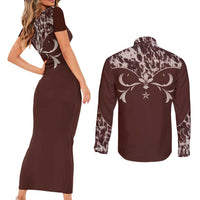 Cowboys Wild West Couples Matching Short Sleeve Bodycon Dress and Long Sleeve Button Shirt Dark Brown Cow Prints - Wonder Print Shop
