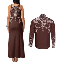 Cowboys Wild West Couples Matching Tank Maxi Dress and Long Sleeve Button Shirt Dark Brown Cow Prints - Wonder Print Shop