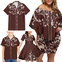Cowboys Wild West Family Matching Off Shoulder Short Dress and Hawaiian Shirt Dark Brown Cow Prints - Wonder Print Shop