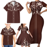 Cowboys Wild West Family Matching Short Sleeve Bodycon Dress and Hawaiian Shirt Dark Brown Cow Prints - Wonder Print Shop