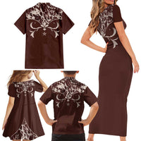 Cowboys Wild West Family Matching Short Sleeve Bodycon Dress and Hawaiian Shirt Dark Brown Cow Prints - Wonder Print Shop