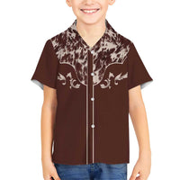 Cowboys Wild West Family Matching Short Sleeve Bodycon Dress and Hawaiian Shirt Dark Brown Cow Prints - Wonder Print Shop