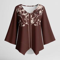Cowboys Wild West Kimono Sleeve Blouse Dark Brown Cow Prints - Wonder Print Shop