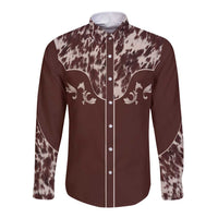 Cowboys Wild West Long Sleeve Button Shirt Dark Brown Cow Prints - Wonder Print Shop
