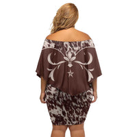Cowboys Wild West Off Shoulder Short Dress Dark Brown Cow Prints - Wonder Print Shop