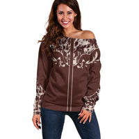 Cowboys Wild West Off Shoulder Sweater Dark Brown Cow Prints - Wonder Print Shop