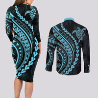 Polynesian Pride Couples Matching Long Sleeve Bodycon Dress and Long Sleeve Button Shirts Turtle Hibiscus Luxury Style - Aquamarine LT7 - Wonder Print Shop