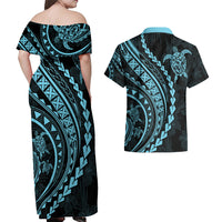 Polynesian Pride Couples Matching Off Shoulder Maxi Dress and Hawaiian Shirt Turtle Hibiscus Luxury Style - Aquamarine LT7 - Wonder Print Shop
