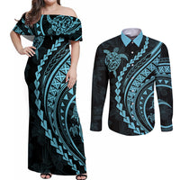 Polynesian Pride Couples Matching Off Shoulder Maxi Dress and Long Sleeve Button Shirts Turtle Hibiscus Luxury Style - Aquamarine LT7 - Wonder Print Shop