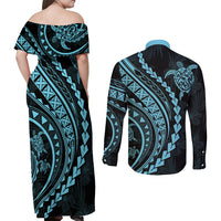 Polynesian Pride Couples Matching Off Shoulder Maxi Dress and Long Sleeve Button Shirts Turtle Hibiscus Luxury Style - Aquamarine LT7 - Wonder Print Shop