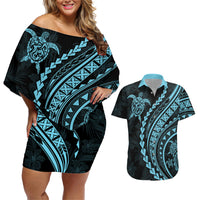 Polynesian Pride Couples Matching Off Shoulder Short Dress and Hawaiian Shirt Turtle Hibiscus Luxury Style - Aquamarine LT7 - Wonder Print Shop