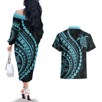 Polynesian Pride Couples Matching Off The Shoulder Long Sleeve Dress and Hawaiian Shirt Turtle Hibiscus Luxury Style - Aquamarine LT7 - Wonder Print Shop
