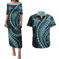 Polynesian Pride Couples Matching Puletasi Dress and Hawaiian Shirt Turtle Hibiscus Luxury Style - Aquamarine LT7 - Wonder Print Shop