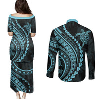 Polynesian Pride Couples Matching Puletasi Dress and Long Sleeve Button Shirts Turtle Hibiscus Luxury Style - Aquamarine LT7 - Wonder Print Shop