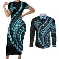 Polynesian Pride Couples Matching Short Sleeve Bodycon Dress and Long Sleeve Button Shirts Turtle Hibiscus Luxury Style - Aquamarine LT7 - Wonder Print Shop
