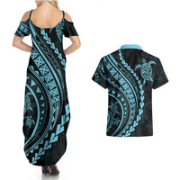 Polynesian Pride Couples Matching Summer Maxi Dress and Hawaiian Shirt Turtle Hibiscus Luxury Style - Aquamarine LT7 - Wonder Print Shop