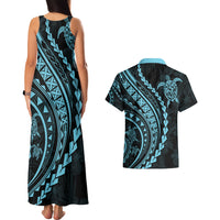 Polynesian Pride Couples Matching Tank Maxi Dress and Hawaiian Shirt Turtle Hibiscus Luxury Style - Aquamarine LT7 - Wonder Print Shop