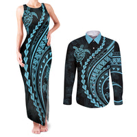 Polynesian Pride Couples Matching Tank Maxi Dress and Long Sleeve Button Shirts Turtle Hibiscus Luxury Style - Aquamarine LT7 - Wonder Print Shop