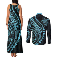 Polynesian Pride Couples Matching Tank Maxi Dress and Long Sleeve Button Shirts Turtle Hibiscus Luxury Style - Aquamarine LT7 - Wonder Print Shop