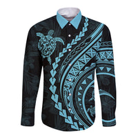 Polynesian Pride Long Sleeve Button Shirt Turtle Hibiscus Luxury Style - Aquamarine - Wonder Print Shop