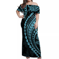 Polynesian Pride Off Shoulder Maxi Dress Turtle Hibiscus Luxury Style - Aquamarine - Wonder Print Shop
