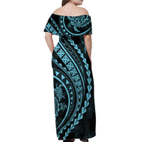 Polynesian Pride Off Shoulder Maxi Dress Turtle Hibiscus Luxury Style - Aquamarine - Wonder Print Shop