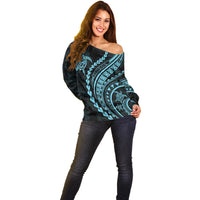 Polynesian Pride Off Shoulder Sweater Turtle Hibiscus Luxury Style - Aquamarine - Wonder Print Shop
