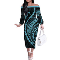 Polynesian Pride Off The Shoulder Long Sleeve Dress Turtle Hibiscus Luxury Style - Aquamarine - Wonder Print Shop