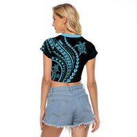 Polynesian Pride Raglan Cropped T Shirt Turtle Hibiscus Luxury Style - Aquamarine - Wonder Print Shop