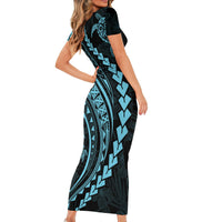 Polynesian Pride Short Sleeve Bodycon Dress Turtle Hibiscus Luxury Style - Aquamarine - Wonder Print Shop