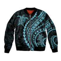 Polynesian Pride Sleeve Zip Bomber Jacket Turtle Hibiscus Luxury Style - Aquamarine - Wonder Print Shop
