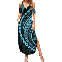Polynesian Pride Summer Maxi Dress Turtle Hibiscus Luxury Style - Aquamarine - Wonder Print Shop