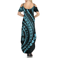 Polynesian Pride Summer Maxi Dress Turtle Hibiscus Luxury Style - Aquamarine - Wonder Print Shop