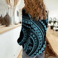Polynesian Pride Women Casual Shirt Turtle Hibiscus Luxury Style - Aquamarine - Wonder Print Shop