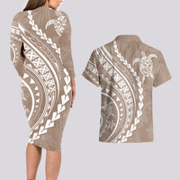 Polynesian Pride Couples Matching Long Sleeve Bodycon Dress and Hawaiian Shirt Turtle Hibiscus Luxury Style - Beige LT7 - Wonder Print Shop