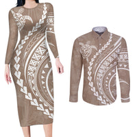 Polynesian Pride Couples Matching Long Sleeve Bodycon Dress and Long Sleeve Button Shirts Turtle Hibiscus Luxury Style - Beige LT7 - Wonder Print Shop