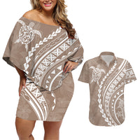 Polynesian Pride Couples Matching Off Shoulder Short Dress and Hawaiian Shirt Turtle Hibiscus Luxury Style - Beige LT7 - Wonder Print Shop