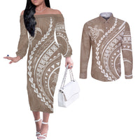 polynesian-pride-couples-matching-off-the-shoulder-long-sleeve-dress-and-long-sleeve-button-shirts-turtle-hibiscus-luxury-style-beige