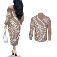 polynesian-pride-couples-matching-off-the-shoulder-long-sleeve-dress-and-long-sleeve-button-shirts-turtle-hibiscus-luxury-style-beige