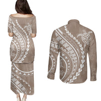 Polynesian Pride Couples Matching Puletasi Dress and Long Sleeve Button Shirts Turtle Hibiscus Luxury Style - Beige LT7 - Wonder Print Shop