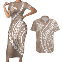 Polynesian Pride Couples Matching Short Sleeve Bodycon Dress and Hawaiian Shirt Turtle Hibiscus Luxury Style - Beige LT7 - Wonder Print Shop