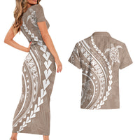 Polynesian Pride Couples Matching Short Sleeve Bodycon Dress and Hawaiian Shirt Turtle Hibiscus Luxury Style - Beige LT7 - Wonder Print Shop