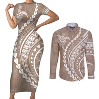 Polynesian Pride Couples Matching Short Sleeve Bodycon Dress and Long Sleeve Button Shirts Turtle Hibiscus Luxury Style - Beige LT7 - Wonder Print Shop