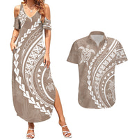 Polynesian Pride Couples Matching Summer Maxi Dress and Hawaiian Shirt Turtle Hibiscus Luxury Style - Beige LT7 - Wonder Print Shop