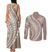 Polynesian Pride Couples Matching Tank Maxi Dress and Long Sleeve Button Shirts Turtle Hibiscus Luxury Style - Beige LT7 - Wonder Print Shop