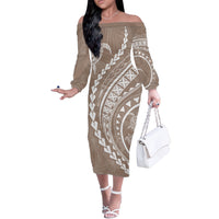 Polynesian Pride Off The Shoulder Long Sleeve Dress Turtle Hibiscus Luxury Style - Beige - Wonder Print Shop